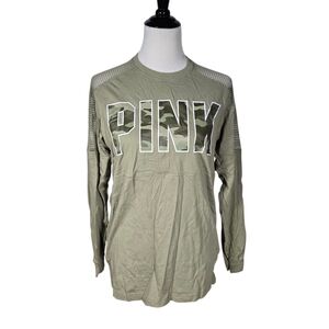 PINK Victoria's Secret Small Olive Green Army Camo Long Sleeve Tee Mesh Shoulder